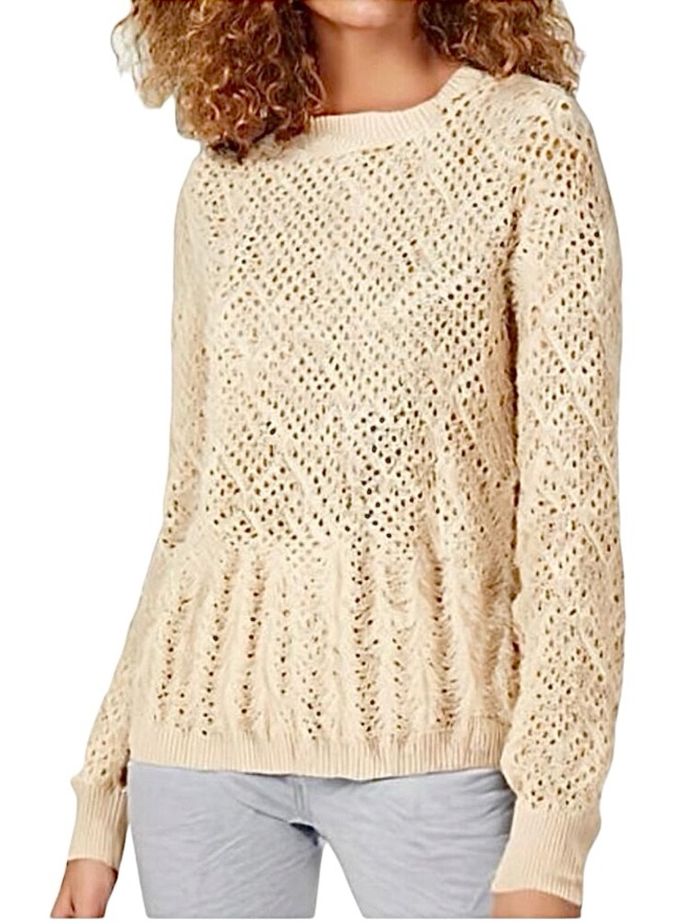 NWT J. Crew Pointelle Crewneck Sweater with Fringe Beige Cream White Size Medium